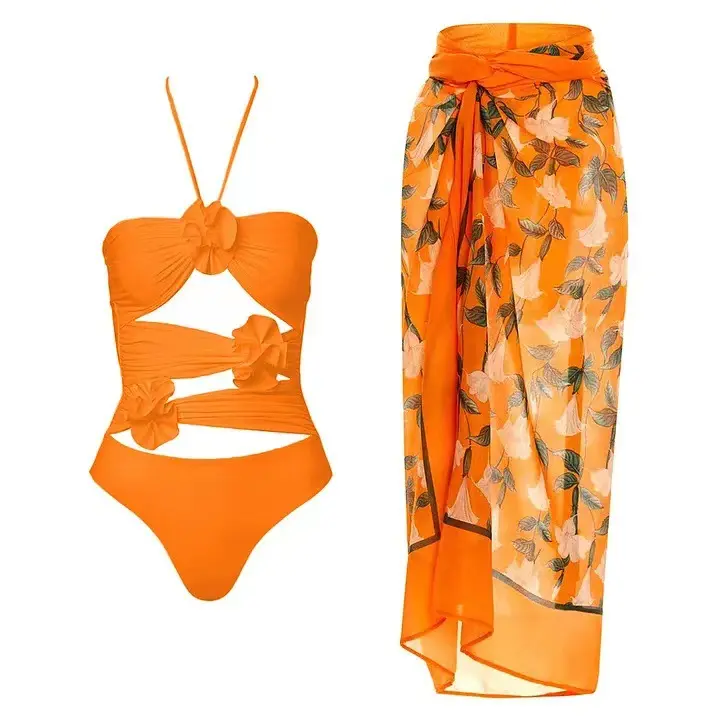 Nouvelle couleur unie fronde une pièce maillot de bain Orange Bikini costume fleur maillot de bain pour les femmes