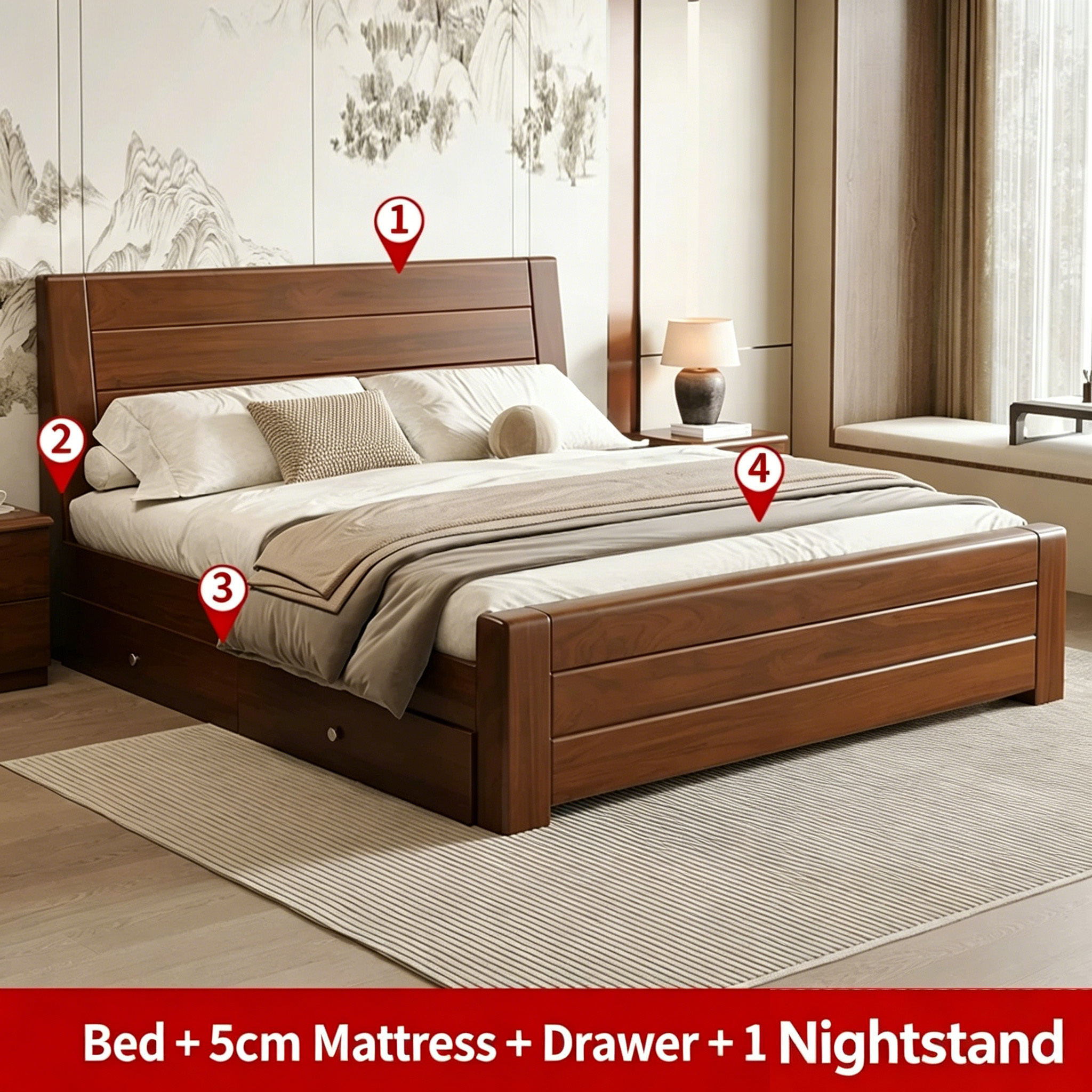Cama, marrón avellana + colchón de 5 cm + cajón + 1 mesita de noche