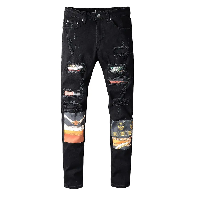 Personalizado 653 Homens Skinny Denim Skinny Jeans Rasgado Slim Fit Stretch Distress Desgastado Motociclista Scratchted Oco Out Long Jea