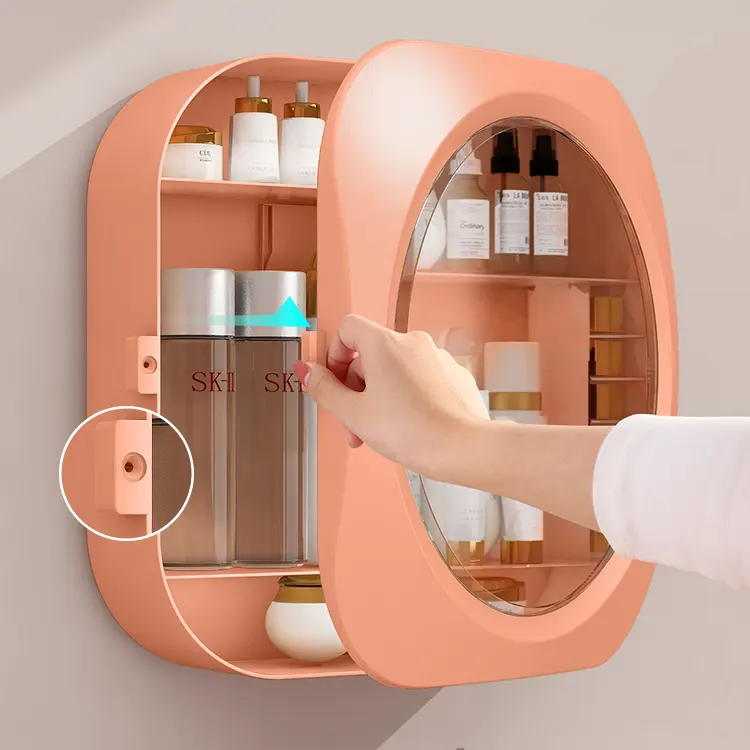 Soporte de maquillaje de baño fácil de instalar sin taladro de sésamo, organizador de cosméticos impermeable para colgar en la pared, caja de almacenamiento de productos de baño