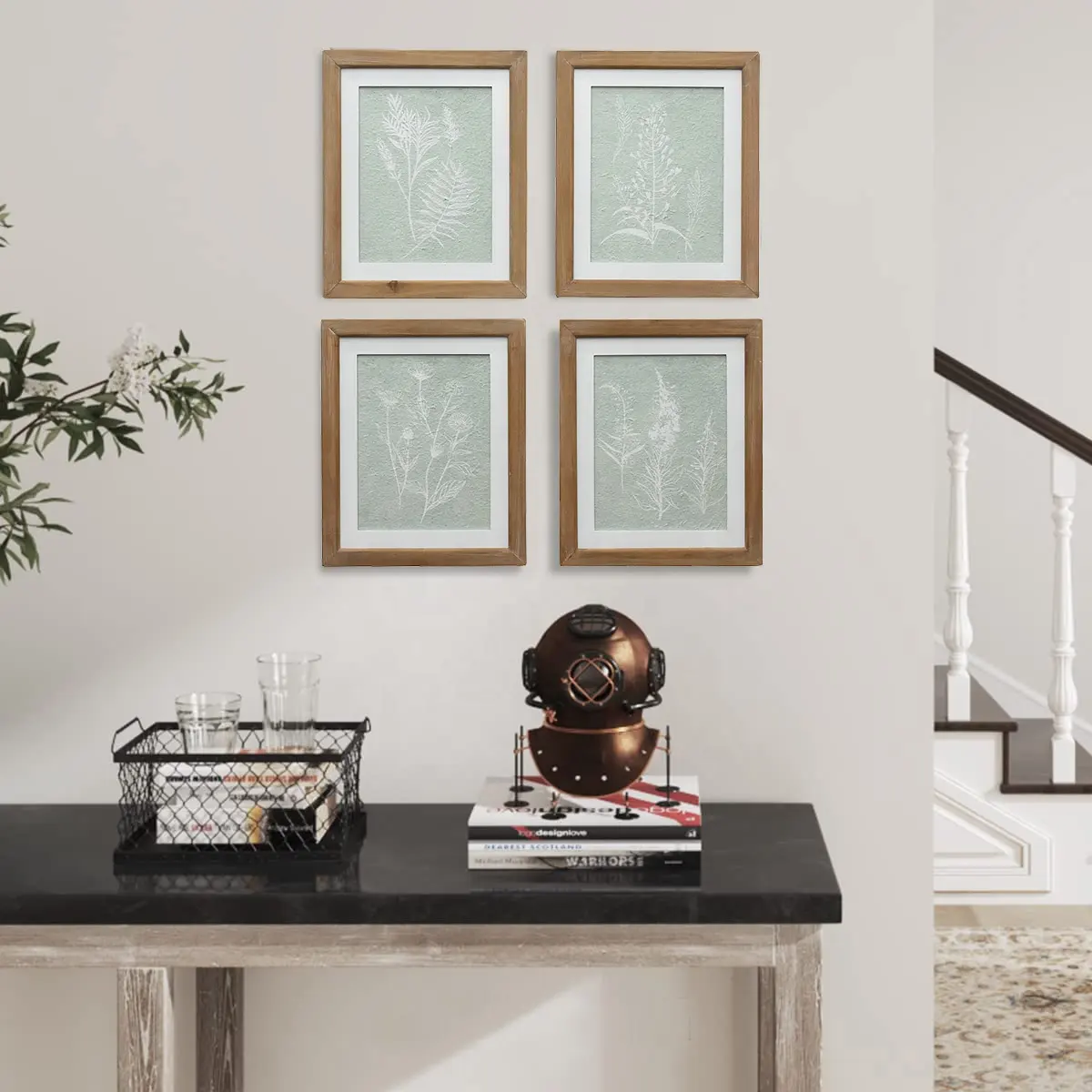 Personalización enmarcada Galería Arte de pared imprimible impresiones en verde y blanco arte de pared hojas y flores arte de pared impresión para sala de estar
