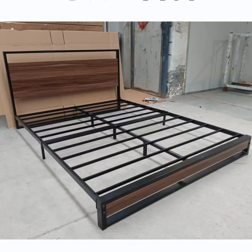 Tempat tidur Platform logam/kayu MDF ganda kayu ukuran King Queen Modern dengan penyimpanan furnitur kamar tidur