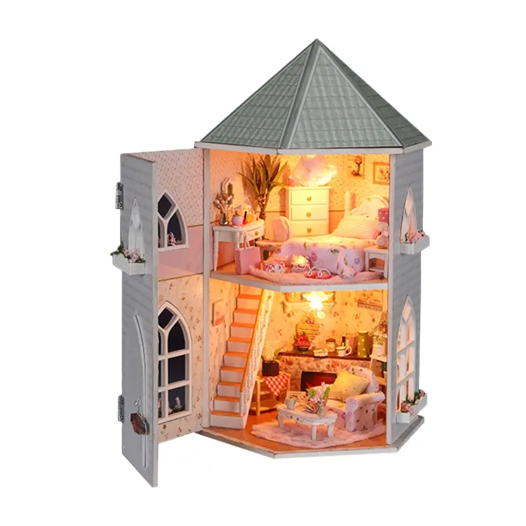Cadeia de livro feita em miniatura, kit casa de boneca de madeira, kit diy, casas em miniatura