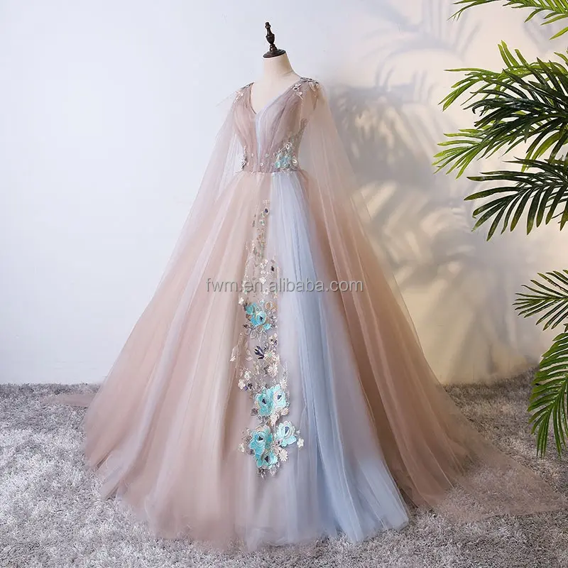 Vestido de fiesta de noche escalonado de tul de 2 colores hecho a medida con apliques de Chal largo con cuello en V vestido de novia para mujer