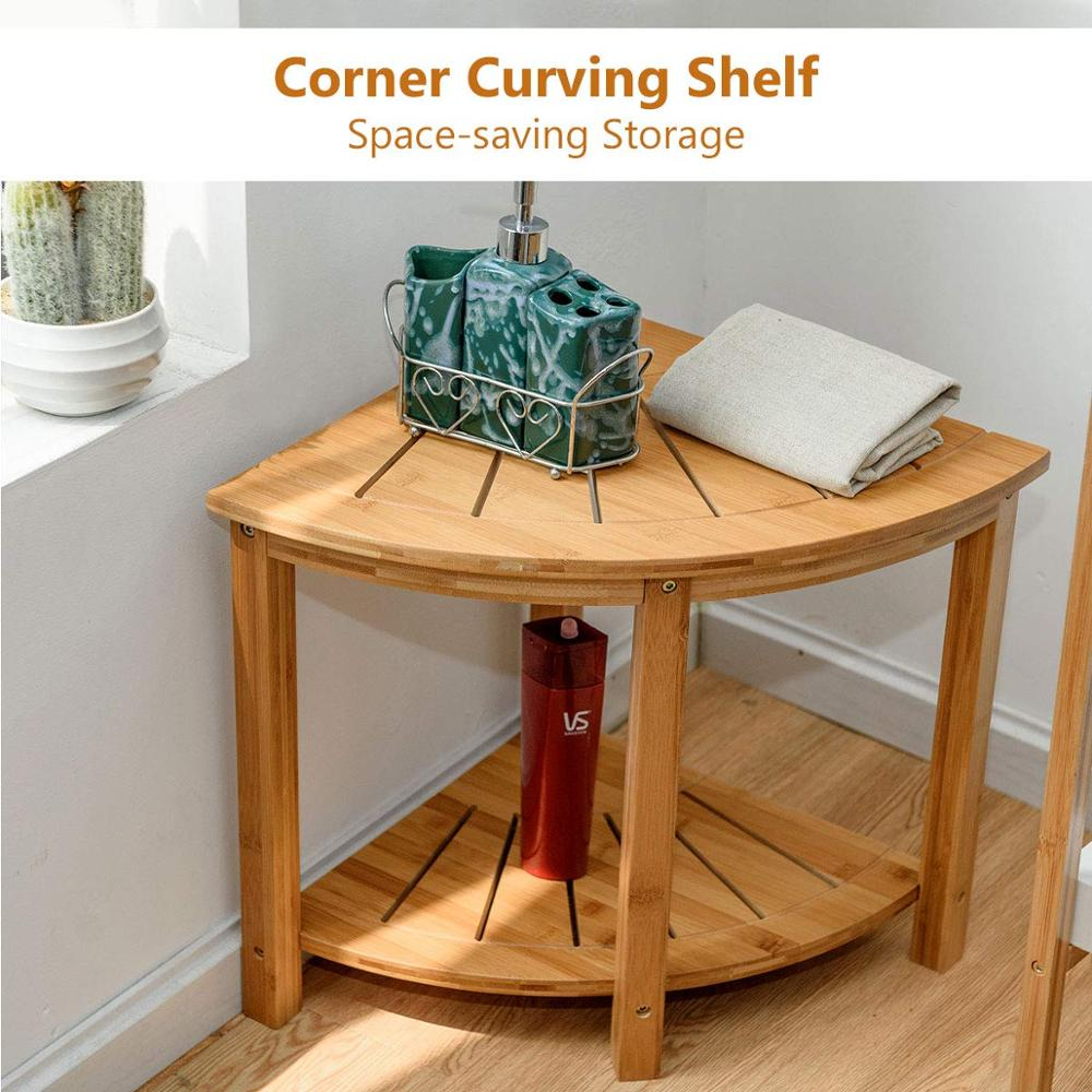 Shower Stool Bamboo Bench with Shelf Waterproof 2-Tier Wood Storage & Seat for Bathroom, Shower