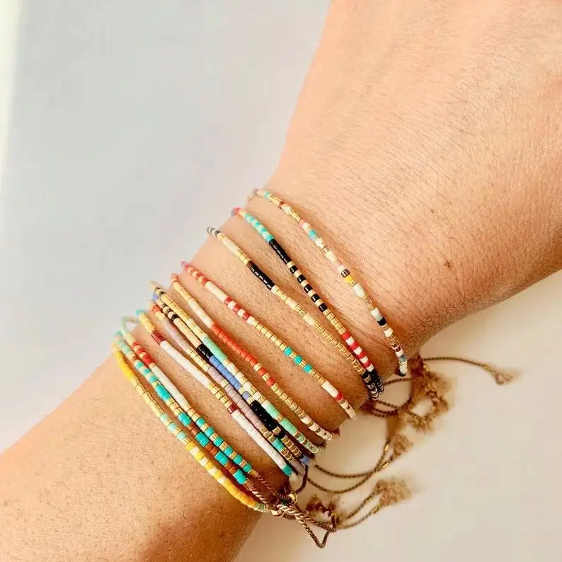 Pulsera de cuentas de arroz hechas a mano para mujer, brazalete ajustable, joyería, estilo bohemio, colorido, venta al por mayor