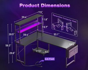 AJUNION Escritorio en forma de L de 53 pulgadas con iluminación LED, escritorio Reversible para juegos, tomas de corriente, mesa de ordenador de esquina con estantes de almacenamiento - Product Image 3
