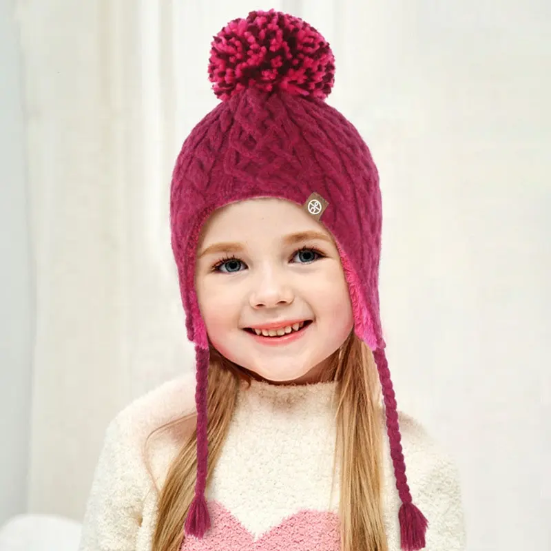 Gorro infantil de malha com cabo, chapéu infantil de crochê tricotado de lã de inverno com aba de orelha, 2024