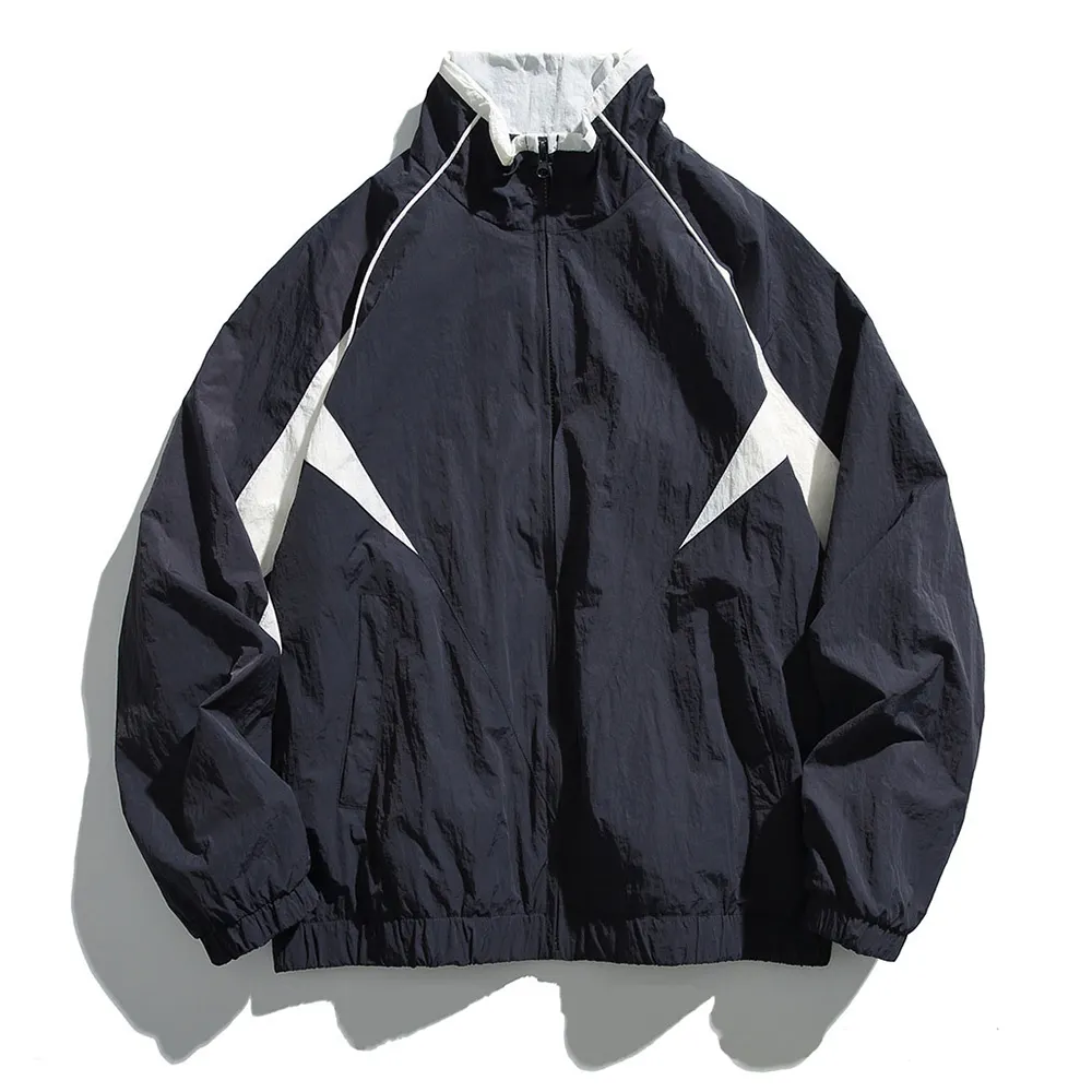 Streetwear avec logo imprimé personnalisé coupe-vent à capuche surdimensionné en nylon léger et imperméable avec cordon de serrage vestes de chemise zippées pour hommes