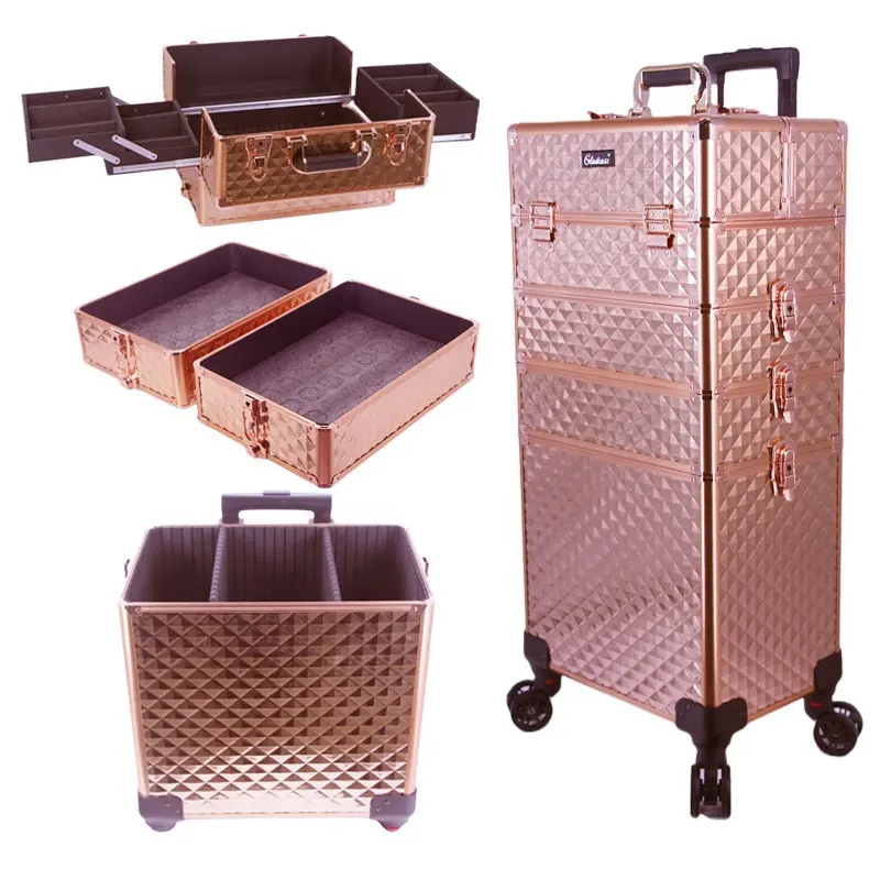 Aluminum makeup train case professional Makeup Artist Rolling Trolley case nail polish case hairdresser tool storage for Travel