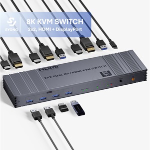 SYONG 8K HDMI DisplayPort <strong>KVM</strong> <strong>Switch</strong> for Two Computers, Dual Monitors, DP <strong>1</strong>.4 HDMI <strong>2</strong>.<strong>1</strong> USB 3.0 4K 144hz High Refresh Rate Gaming