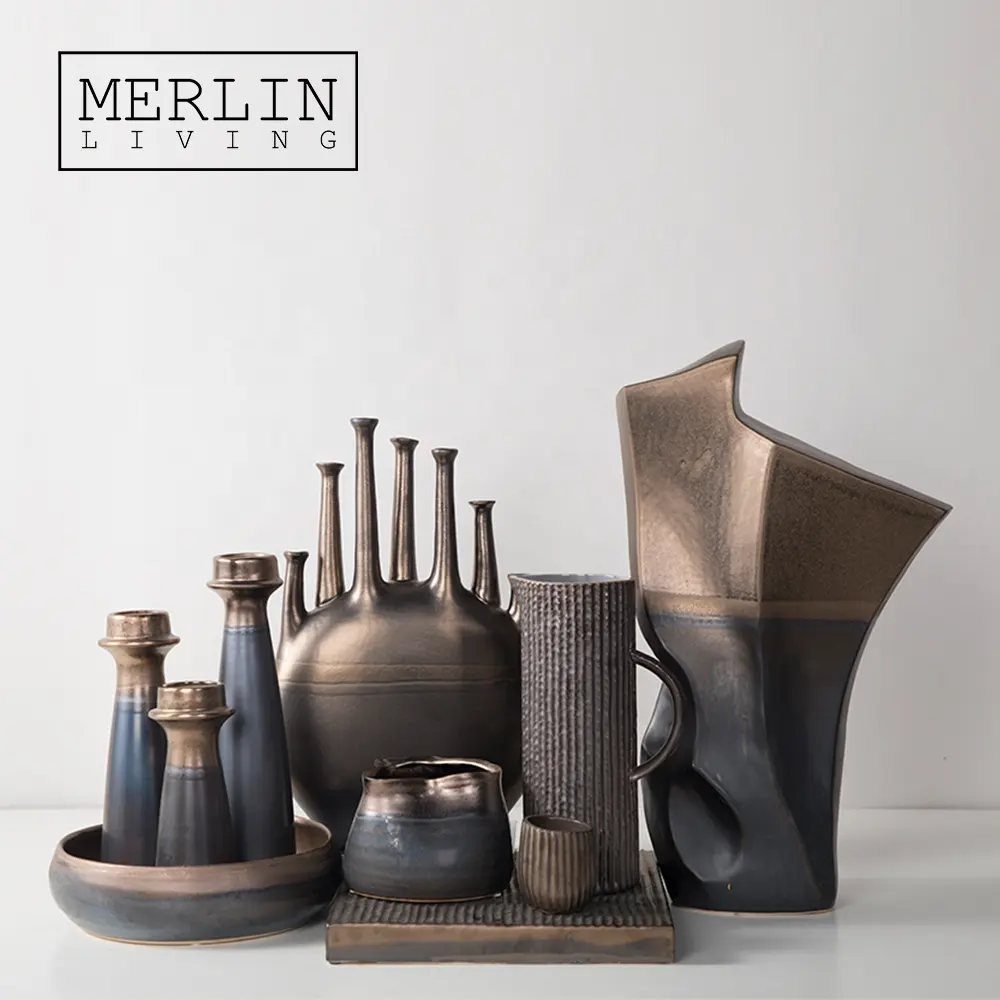 Merlin Living-jarrón de cerámica esmaltado de Metal, Decoración de mesa, ornamento de cerámica para decoración del hogar, accesorios