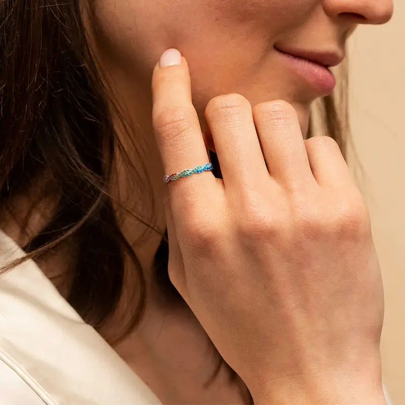 Dapat disesuaikan 925 perak sederhana cincin puntir wanita warna-warni pelangi CZ kubik zirkonia jumlah besar perak murni cincin pernikahan pasangan