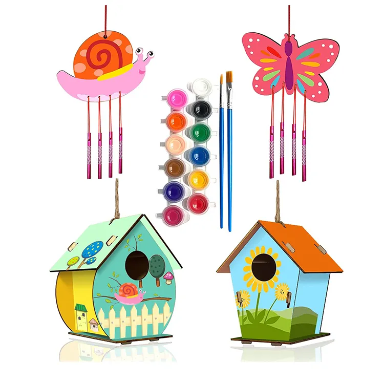 Venta al por mayor y OEM artes y manualidades de madera para niños divertido DIY Casa de pájaros de madera carillón de viento para niños