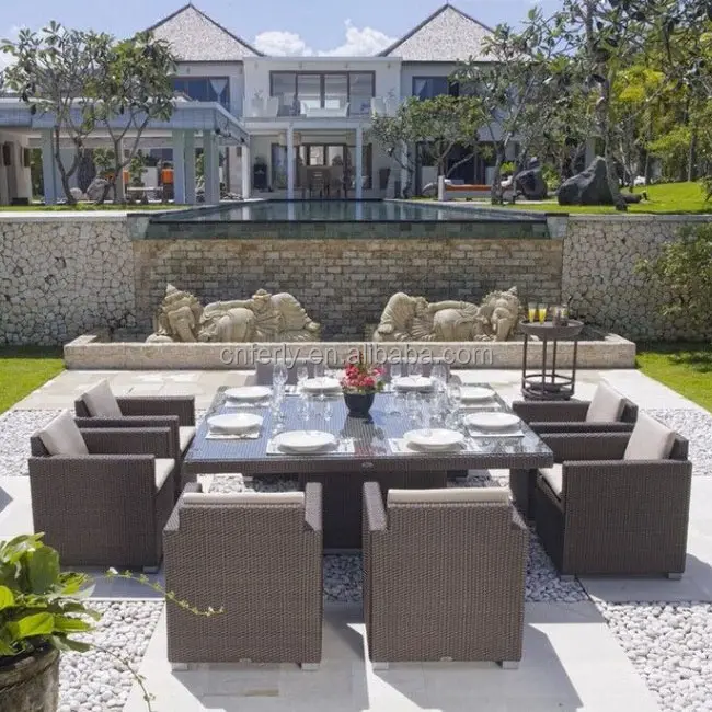 Set da giardino in rattan per tavolo da pranzo quadrato da esterno in vimini per tutte le stagioni di lusso moderno