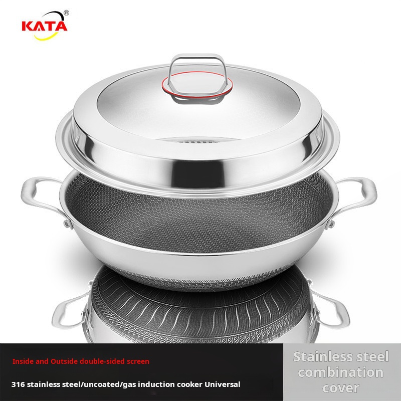 Wok en acier inoxydable à double oreille + couvercle combiné