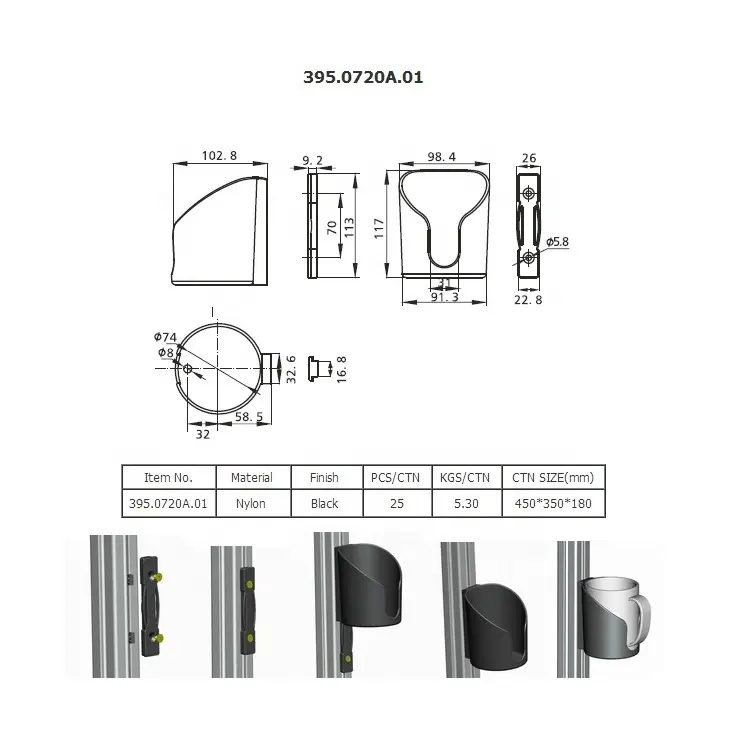 395.0720a. 01 suporte de copo de perfil de alumínio inquebrável resistente de qualidade
