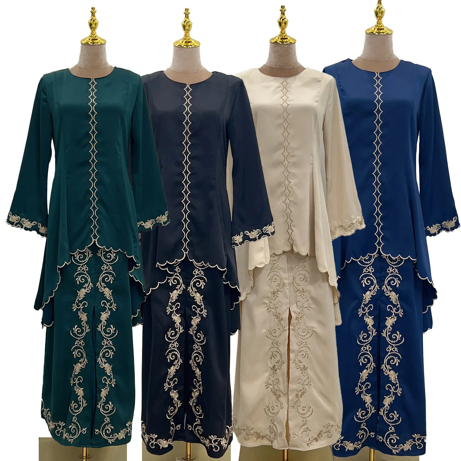 Malay Middle East Elegant Crew Neck Embroidered Polyester Set Women Modest Khimar Hijab Abaya Dress