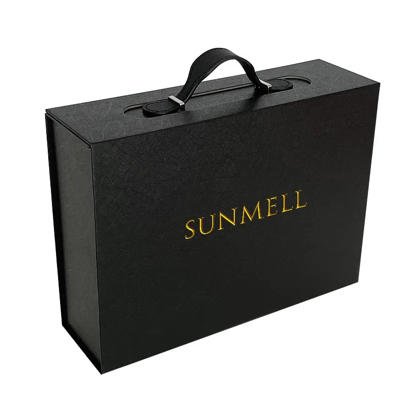 कस्टम लोगो आकार सूटकेस आकार पैकेजिंग चुंबकीय बक्से बड़े फोल्डिंग कार्डबोर्ड काले लक्जरी उपहार बॉक्स हैंडल चुंबकीय ढक्कन के साथ