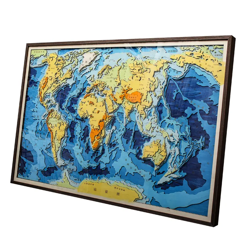 Mapa topográfico de madera 3D del mundo, decoración de arte de pared colorida de múltiples capas para oficina y hogar, sala de estar