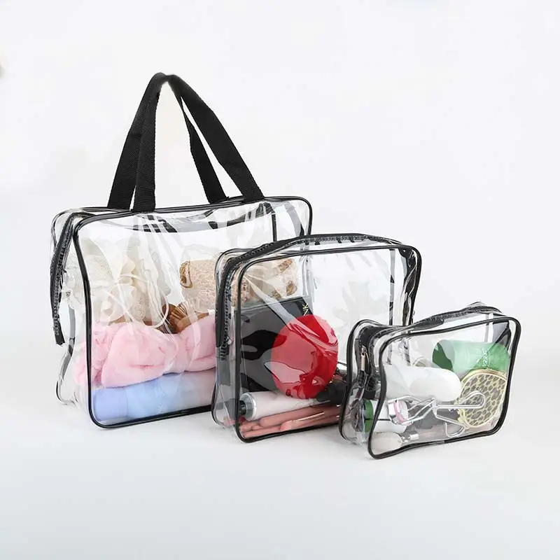 3Pcs Cosmetic Makeup Bags Set Clear Pvc With Zipper Handle Travel Luggage Pouch Waterproof Cosmetic Bags Set