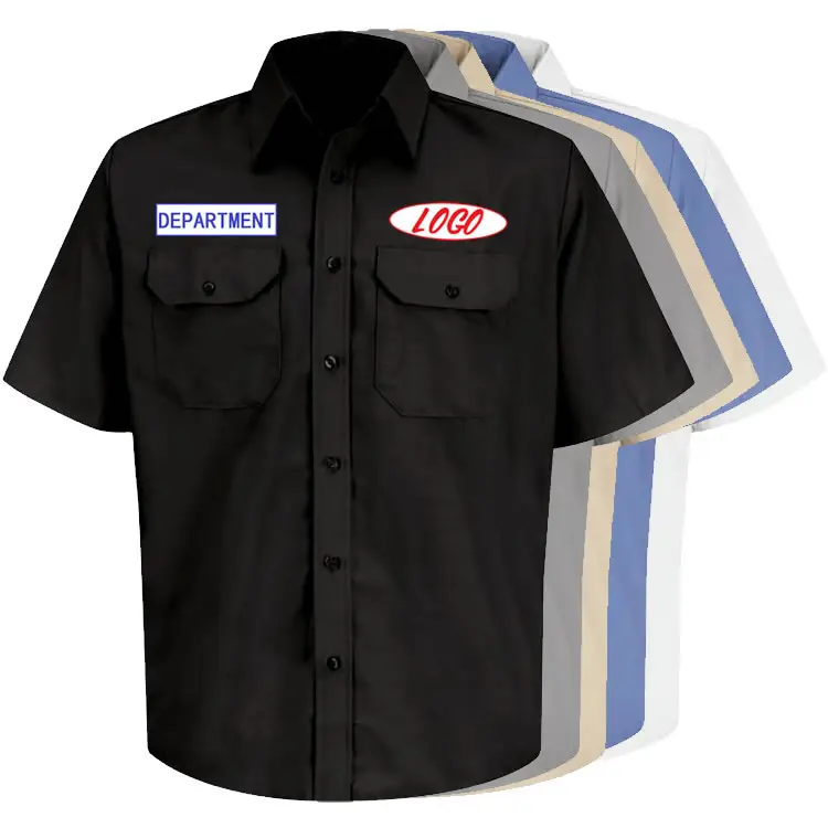 OEM कस्टम डिजाइन उच्च गुणवत्ता वाले कारखाने थोक लघु आस्तीन बटन बंद होने पुरुषों की मैकेनिक काम शर्ट