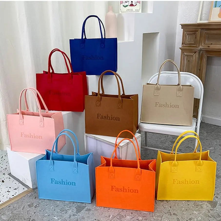 New Fashion Großhandel umwelt freundliche benutzer definierte Logo recycelt große Kapazität bunte Filz Shopping Frauen Einkaufstasche Segeltuch taschen