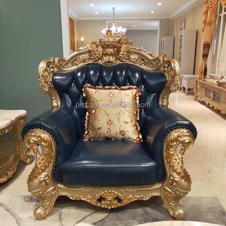 Sofá de cuero de corona de estilo europeo real, fábrica al por mayor, muebles clásicos para el hogar, sofás antiguos para sala de estar