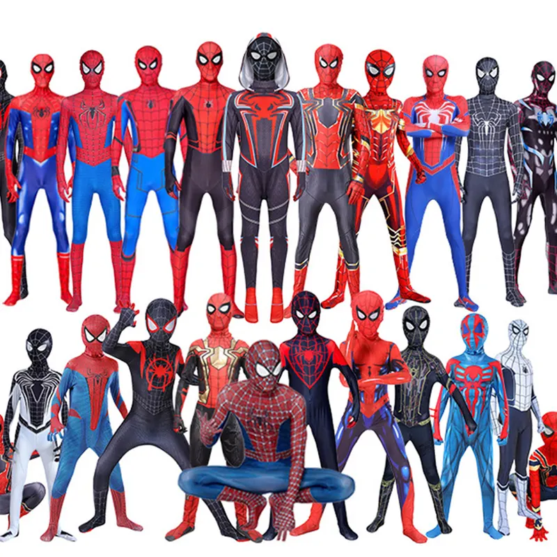スパイダーマンコスチュームスーパーヒーロージャンプスーツ子供ハロウィンコスプレコスチューム赤黒スパンデックス素晴らしい3Dコスプレ服