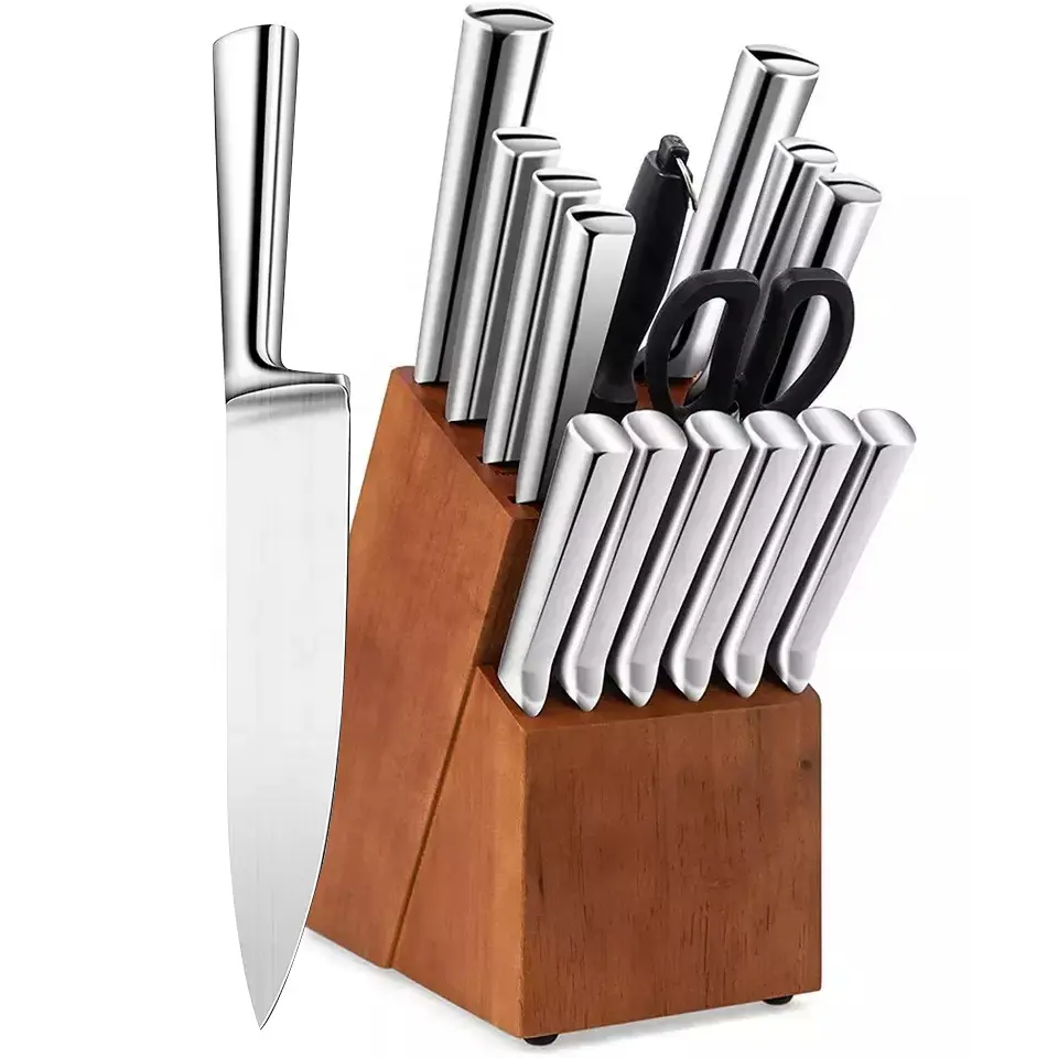 Juego de cuchillos de cocina de acero inoxidable para chef, juego de cuchillos de cocina con mango hueco profesional personalizado, con bloque de madera, venta al por mayor