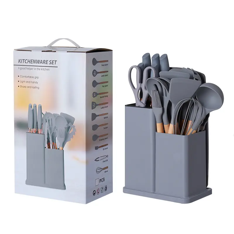 Conjunto de utensílios de cozinha de silicone manjia, kit de utensílios de cozinha de silicone em 19 peças com alça de madeira e estojo para economia de espaço, utensílios de cozinha