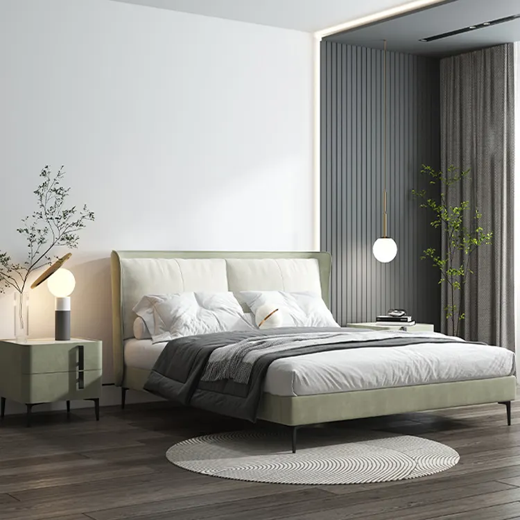 Mobiliário da cama com placa de cabeça alta, elegante, estilo europeu, quarto, cama com placa de cabeça de tecido