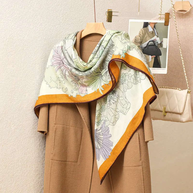 CHENGHE nuevo personalizado 136x136 Cachemira de seda pura Extra grande bufanda chal abrigo para mujer lujo alto sentido estampado cálido bufandas