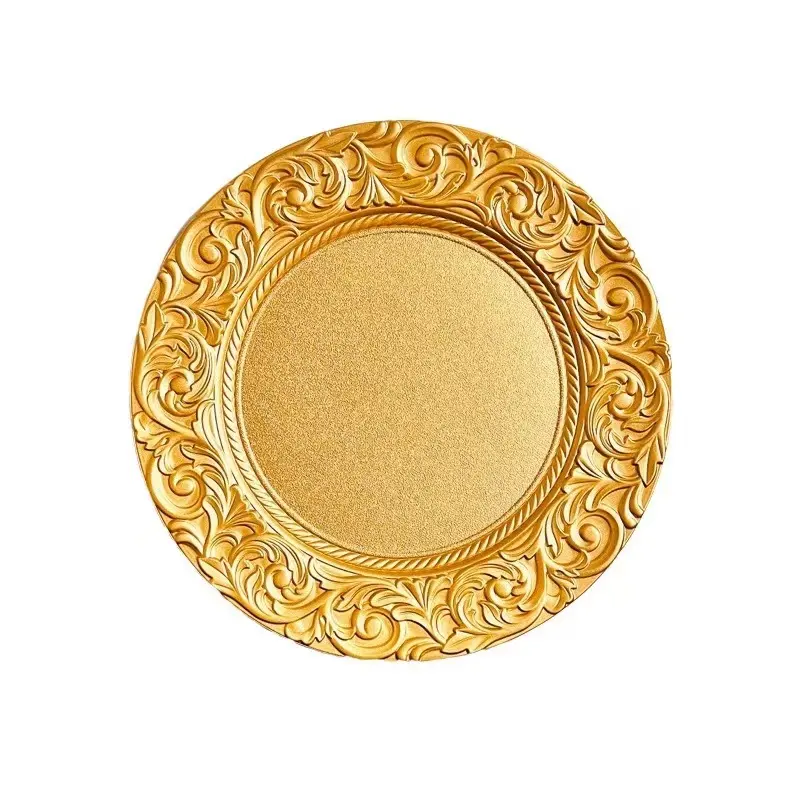 European Baroque Style Wholesale Classical Gold Silver Rose Gold Plastic Chargers Plates for Wedding Dinning Table Decorations