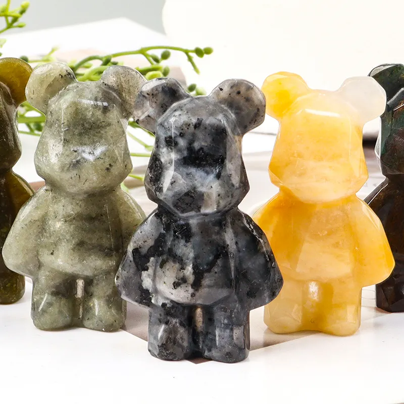 Atacado Personalizado Pedra De Cristal Gemstone Escultura Animais e Ursos Figurinhas Ametista Quartz Jade Esculpido Violent Bear Cartoon