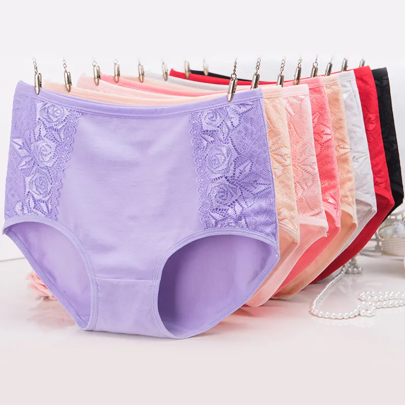 Hot Selling Lace Rose Organic Cotton Underwear Women Lady Female Red Purple White Plain Middle Waist Underwear Panties