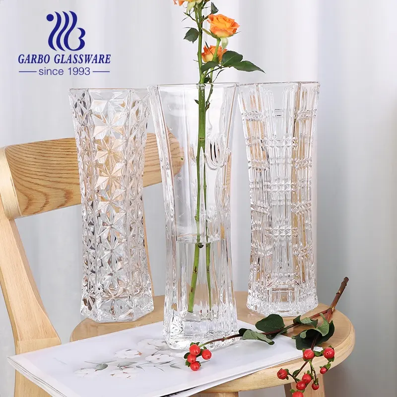 Engraved glass vase with high quality clear transparent flower for home decoration wedding or party customized china wholesaler