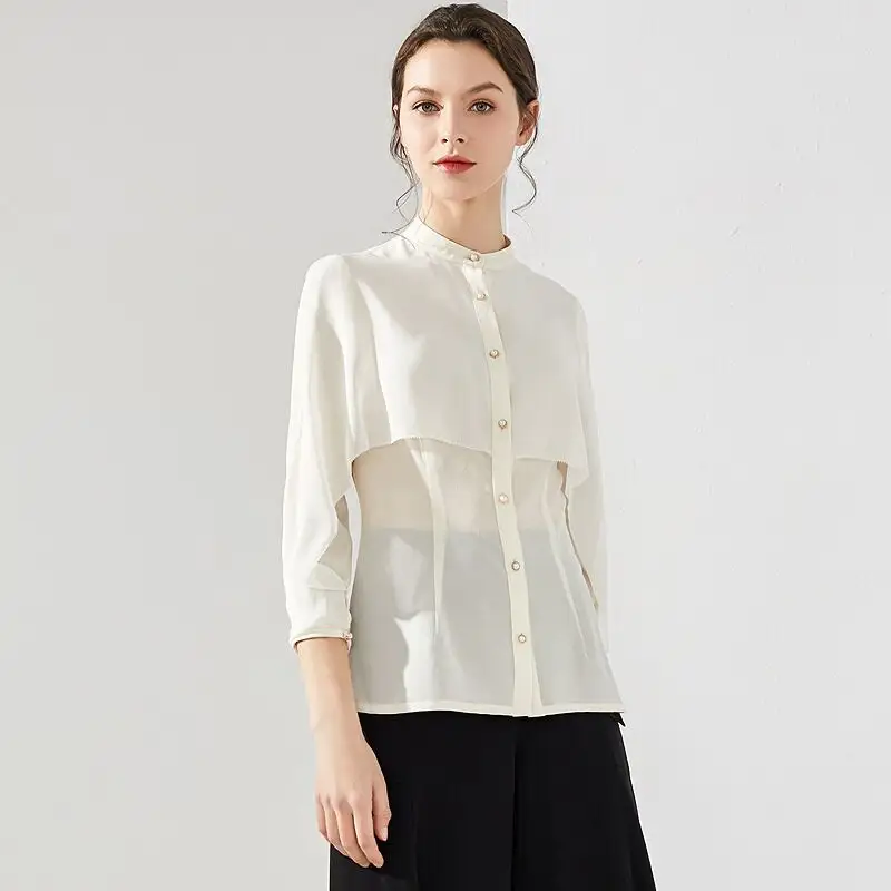 Blusas de gasa de seda blanca de gama alta de corte a la moda