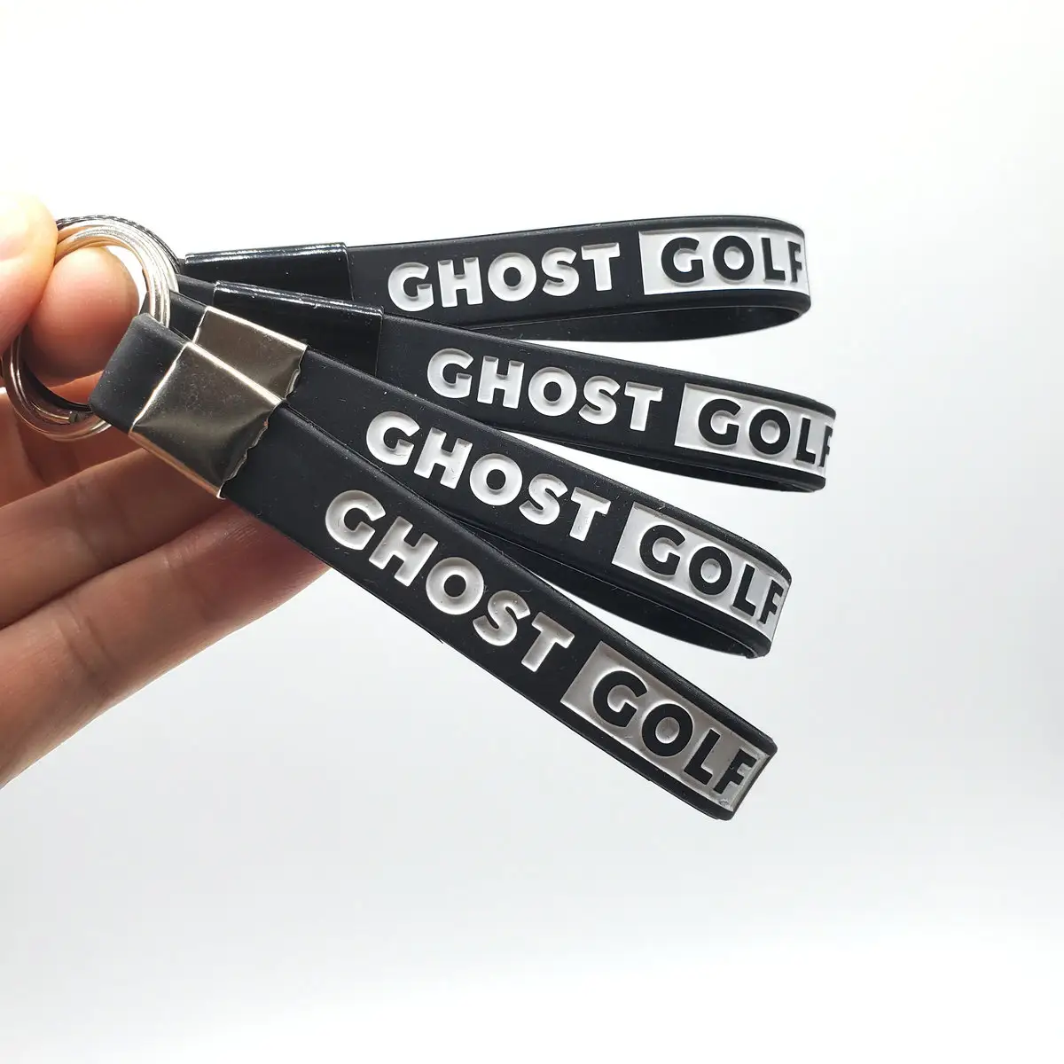 Hot Selling Custom Logo Debossed Ink-filled Golf silicone bracelet keychain with metal key ring