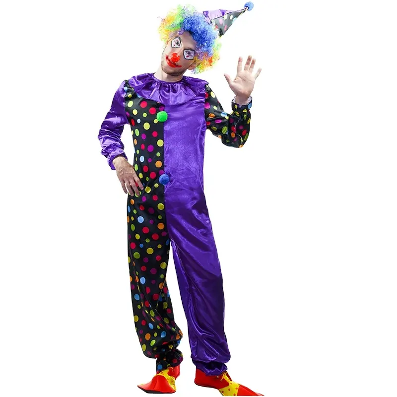 Costume de Clown violet à pois pour homme, combinaison de fête d'halloween, cirque, amusant, vêtement pour homme