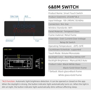 スマートタッチスイッチインド6 & 8M Tuya WiFiタイミング16A最大電流240V耐久性ガラススマートウォールスイッチ