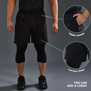 Luckpanther 2 in 1 Gym <strong>Running</strong> Trouser Compression Double Layer Quick Dry <strong>Capri</strong> 3/4 Leggings for Men With Zipper Pocket - Product Image 1