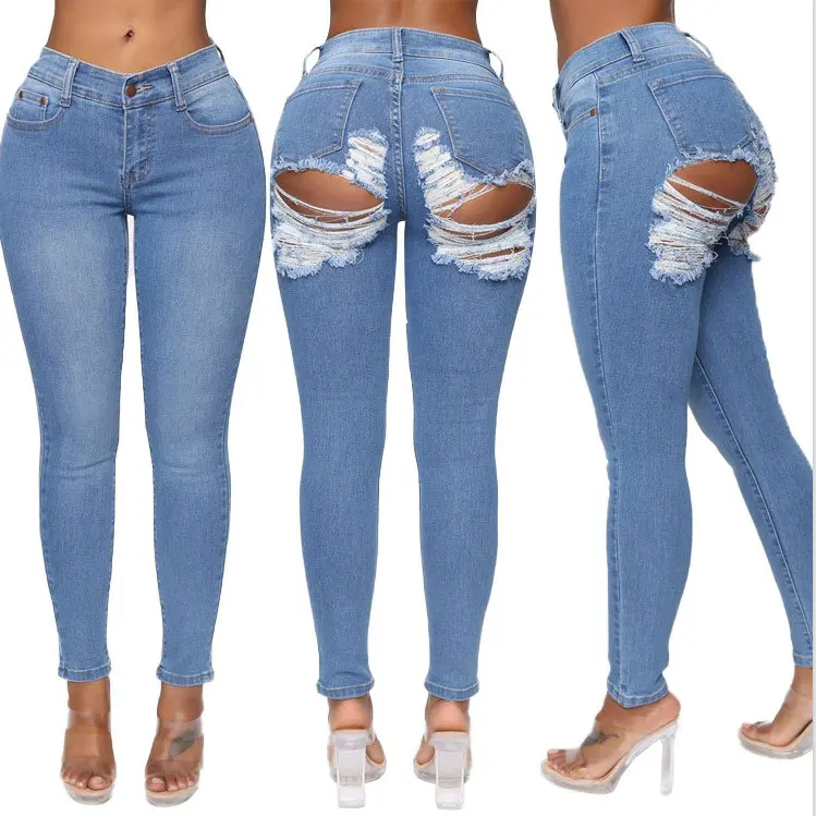 2021 Großhandel Frühling Frauen Plus Size Kleidung Hohe Taille Loch Sexy Skinny Denim Ripped Jeans Frauen