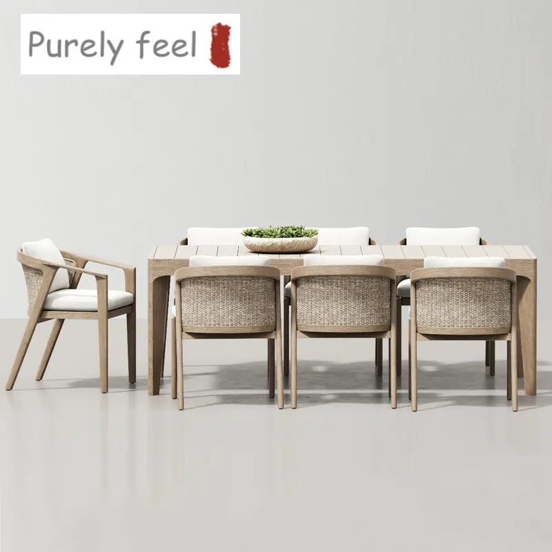 PurelyFeel-Mesa y silla de exterior, muebles de interior para patio, sala de Sol de teca, terraza, jardín de ratán