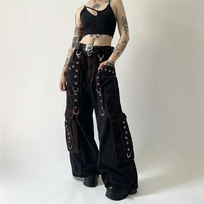 New Dark punk style hot girl overalls Y2K metal buckle ribbon design loose casual jeans