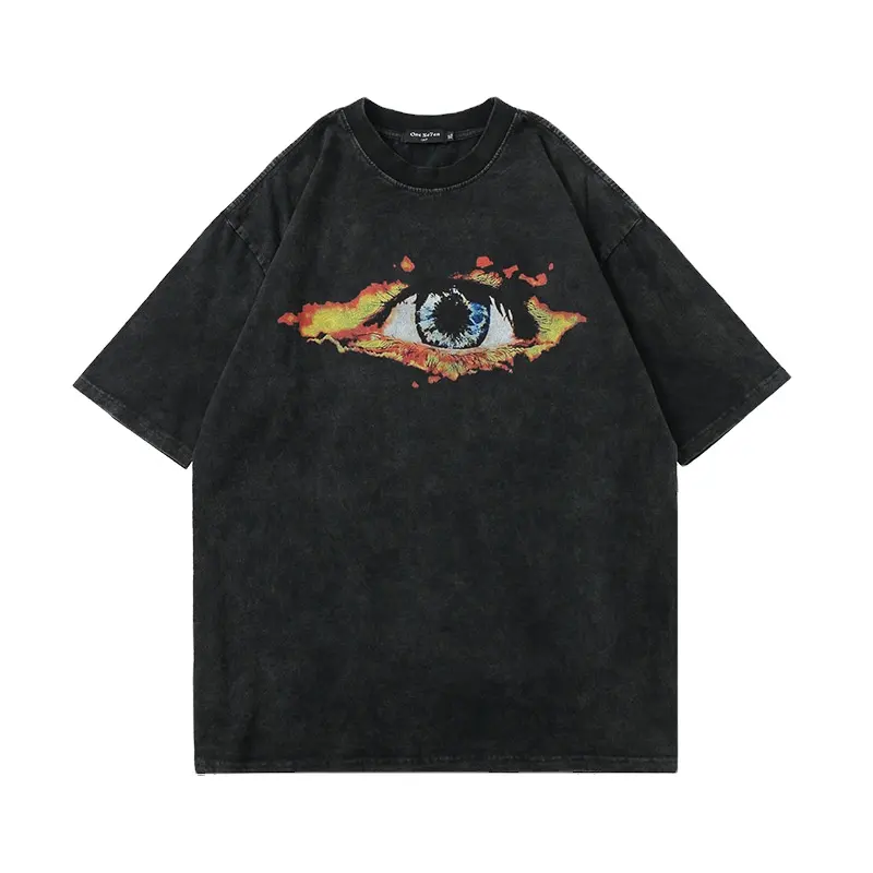 Japon yüksek sokak T-shirt göz baskı koyu siyah kısa kollu Tee tarzı çift rahat yarım kollu erkek giysi Y2k Unisex üst
