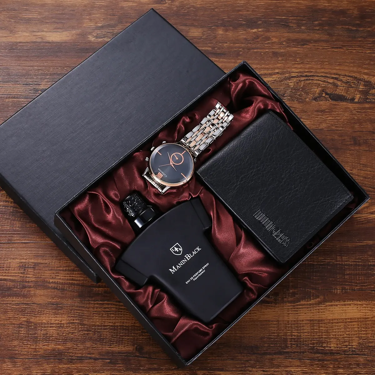 Conjunto de reloj de cuero sintético para hombre, caja de regalo hecha a mano, verificada, de tela negra