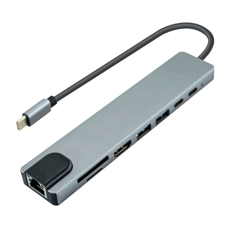 Stasiun Dok Multiport Hub tipe-c kualitas tinggi 8 in 1 dengan Hub 4K HDMI USB 3.0 RJ45 SDTF USB-C PD adaptor pengisi daya 8 port Hub USB C