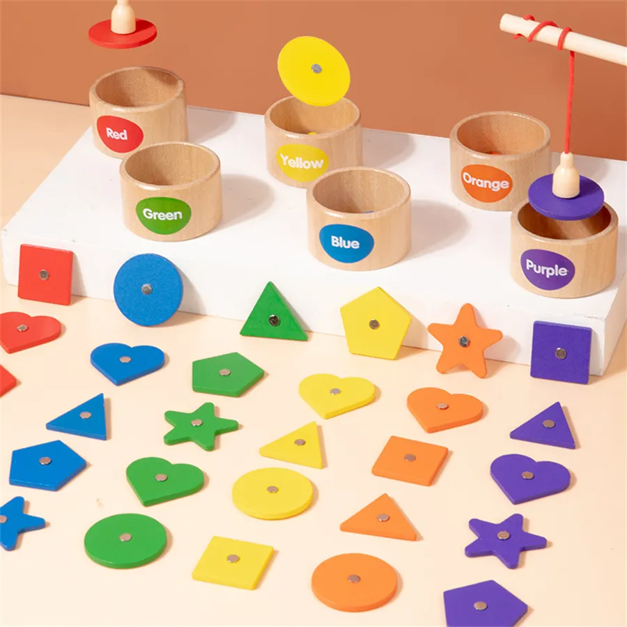 Деревянная Форма Цветная классификация рыбалка игра рыбалка Магнитные Игрушки деревянные развивающие игрушки