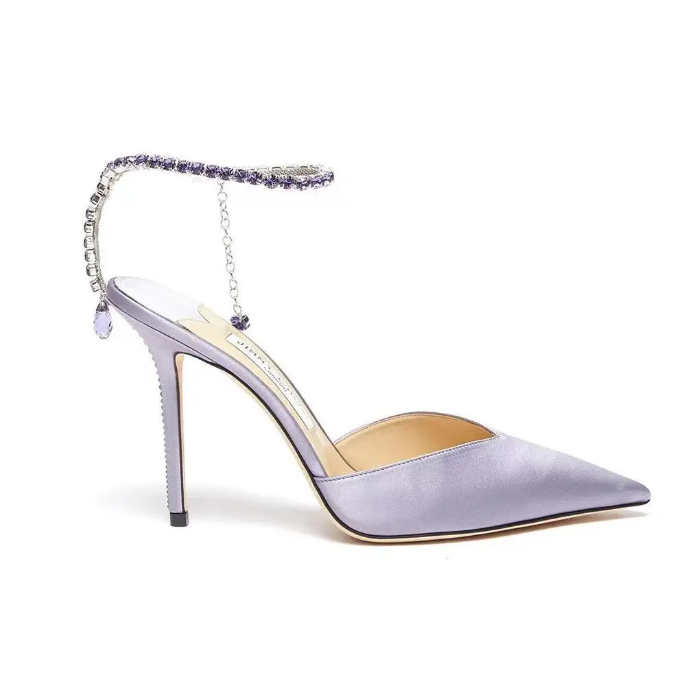 Zapatos de tacón alto con adorno de cristal para mujer, tacones de satén, color fucsia, 2022